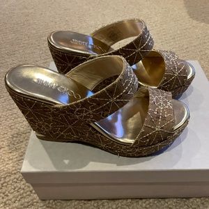 Jimmy Choo , Size 37, Natural/Gold Wedge Sandals